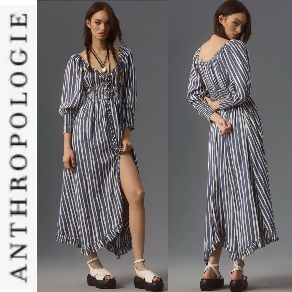 NWOT Anthropologie Blue/White Stripe Long Sleeve Sweetheart Midi Dress xs